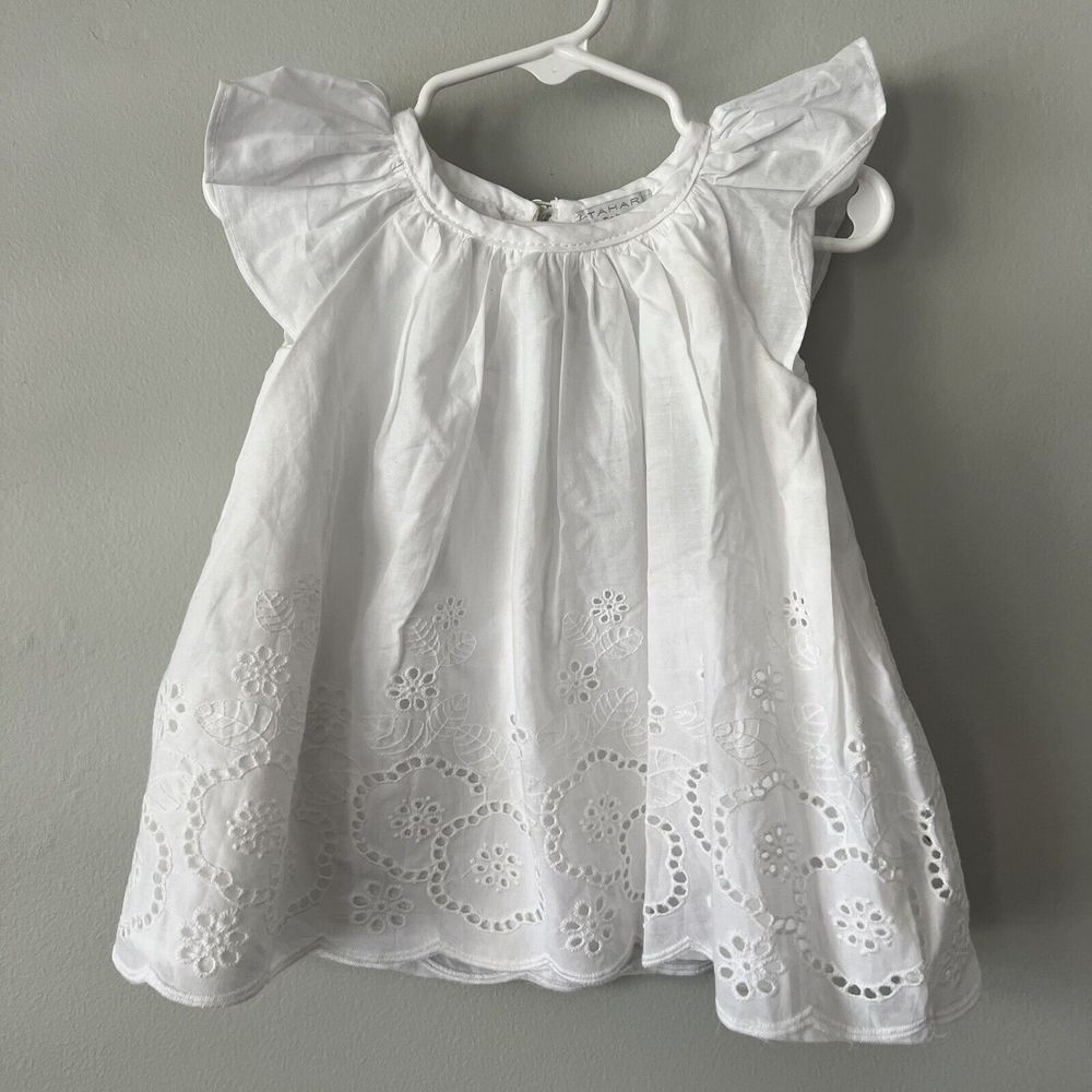 Baby Tahari Girls Dress White Cotton Eyelet Flutter Sleeve Size 0-3 months NWT